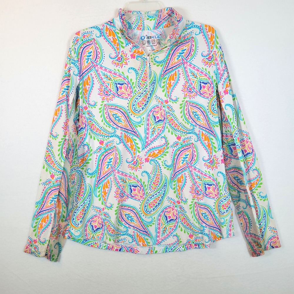 IBKÜL Womens Paisley 1/4 Zip Pullover SPF Sheer Sleeve Top Size XL White Outdoor